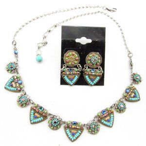 ADAYA Necklace Earring Crystal Micro Mosaic Art Deco Signed Chandelier Bib VTG